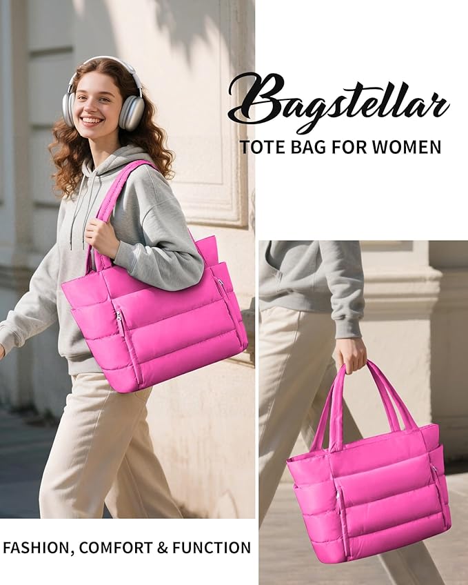 Bagstellar Puffer Tote Bag for Women, Lightweight Puffy Work Handbag Teacher Nurse Quilted Shoulder Bag for School Travel Gym | Cloud Bag w/ Zipper