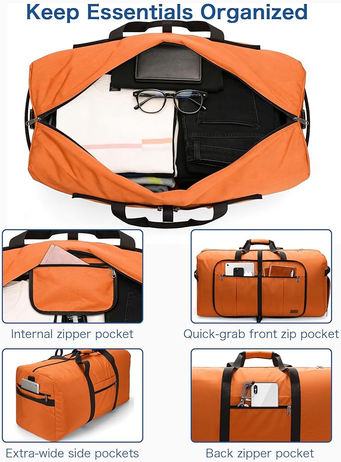 120L Foldable Waterproof Travel Duffel Bag for Men and Women with Shoe Compartment (Orange, EXTRA LARGE, 120L)