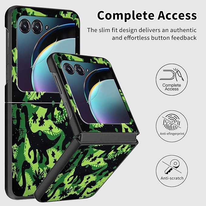 for Motorola Moto Razr 2024 Case,Moto Razr 50 Phone Case Cute Slim Hard PC Ultra-Thin Anti-Scratches Shockproof Protective Cover,Green Black Dinosaur