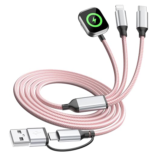 3 in 2 Multi Charging Cable for iWatch Charger/IP/USB C, Travel Cruise Essentials for Car Charger,4FT Nylon Charging Cable USB C/A Phone Charger for iWatch Series/iPhone 17-11/iPad,Home/Office/Car Use