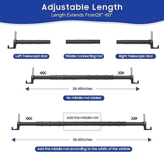 Heavy-Duty Car Clothes Hanger Bar Holds 50 Clothes, Telescopic Clothes Rack for Car Travel (28"-60") Fits Vehicles, SUVs with 2 EVA Anti-Skid Pads & 2 Hook and Loop Straps（Hold Up to 70lbs）