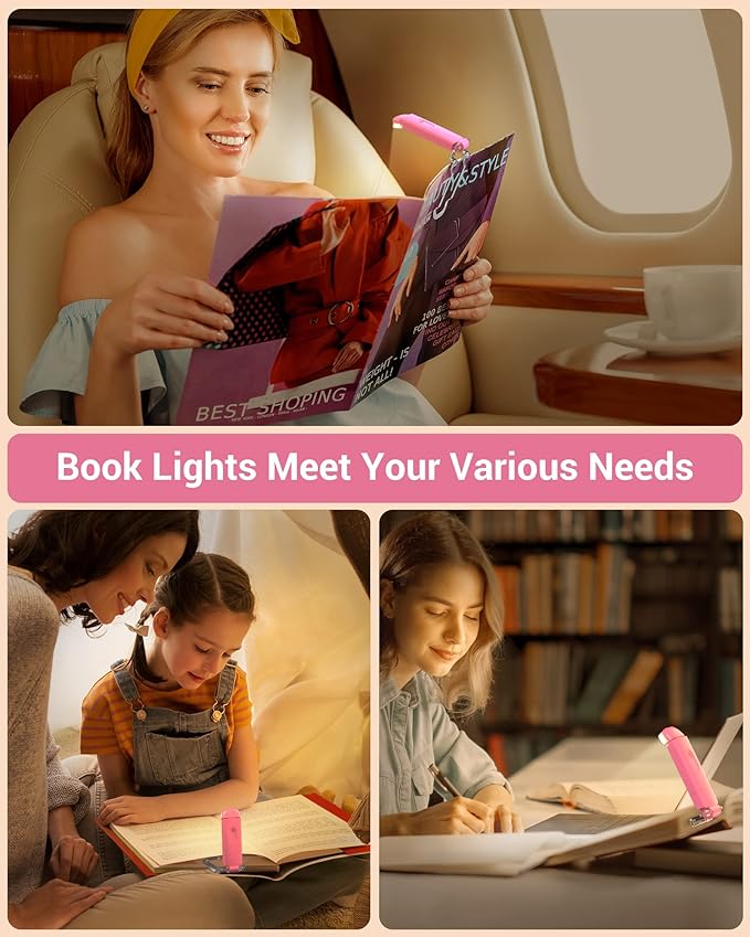 DEWENWILS USB Rechargeable Book Reading Light, Warm White, Brightness Adjustable, LED Clip on Book Lights for Reading in Bed, Car Reading Light for Kids, Bookworms (Pink)