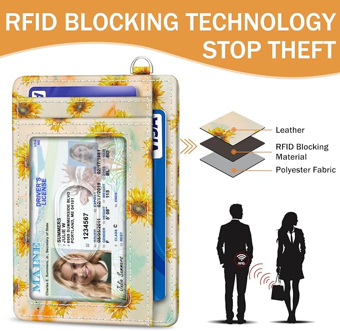 Yonlevres Credit Card Holder Slim Wallet, Sunflower RFID Wallet Women Front Pocket Small Card Holder, Travel Cute Funny Thin Card Case ID Window PU Leather RFID Blocking Card Organizer Gifts Girls