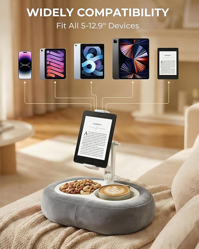 Tablet Pillow Stand, Compatible with 5"-12.9" Kindle, iPad, Phone/Tablet, Google, Samsung, 360° Rotating Phone Holder for Bed, Soft Plush Fabric, Detachable Bowl, Reading and Relaxation on Bed, Gray
