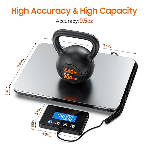 Shipping Scale, 440lb/1.8oz Digital Postal Scale for Packages with Hold/Tare Function, Backlit LCD, Battery & Cable Included, Postage Scale for Small Business, Packages, Luggage, and Home Use