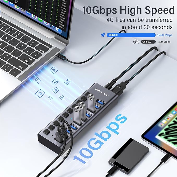 Powered USB 3.2 Hub, ACASIS 10 Ports USB 3.2 Hub with 10Gbps Data Speed, Aluminum Housing, USB Hub Powered with 48W Power Adapter, USB Hub for PC/Laptop, Computer, Flash Drive, Printer, Camera
