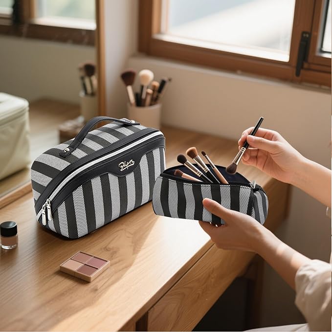 BOYATU Travel Makeup Bag Cosmetic Bag for Women: 3 Pcs Set Striped Make up Bag with Compartments - Waterproof Vegan Leather Toiletry Bag with Handle - Makeup Organizer for Travel Essentials(A-4-Black)