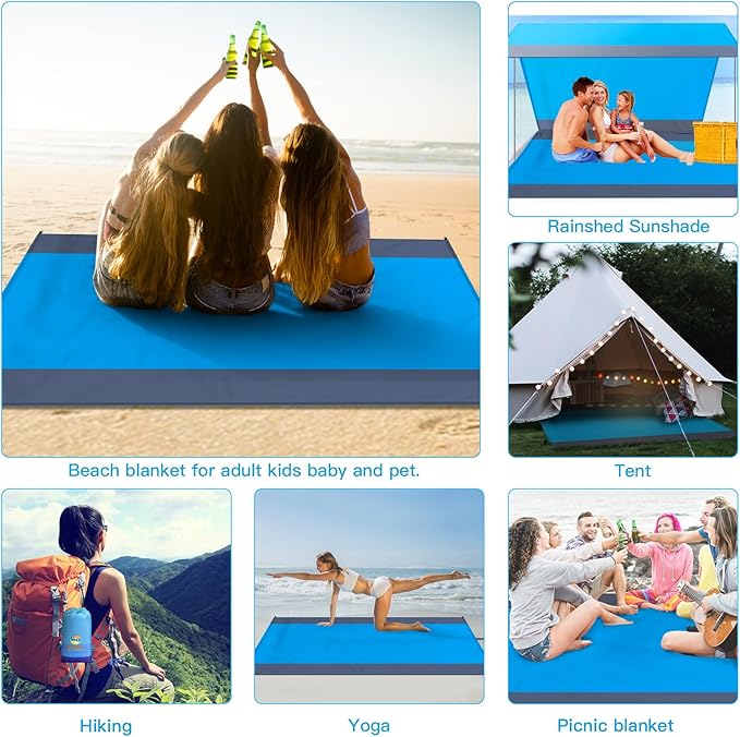 BYDOLL Beach Blanket Waterproof Sandproof Large Sand Free,78''X81''/10'X9' Oversized Sandless Lightweight Blanket Picnic Mat for Beach Travel Camping Hiking with Stakes