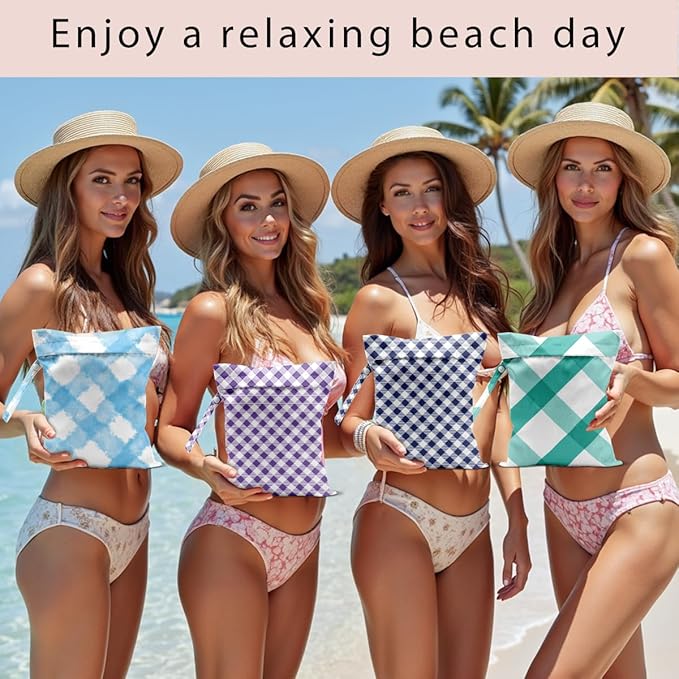 Wet Bag, 4Pcs Wet Dry Bag Set, Reusable Waterproof Bags with Color-Block Plaid for Women, Practical for Beach Outings, Pool Time & Daily Storage