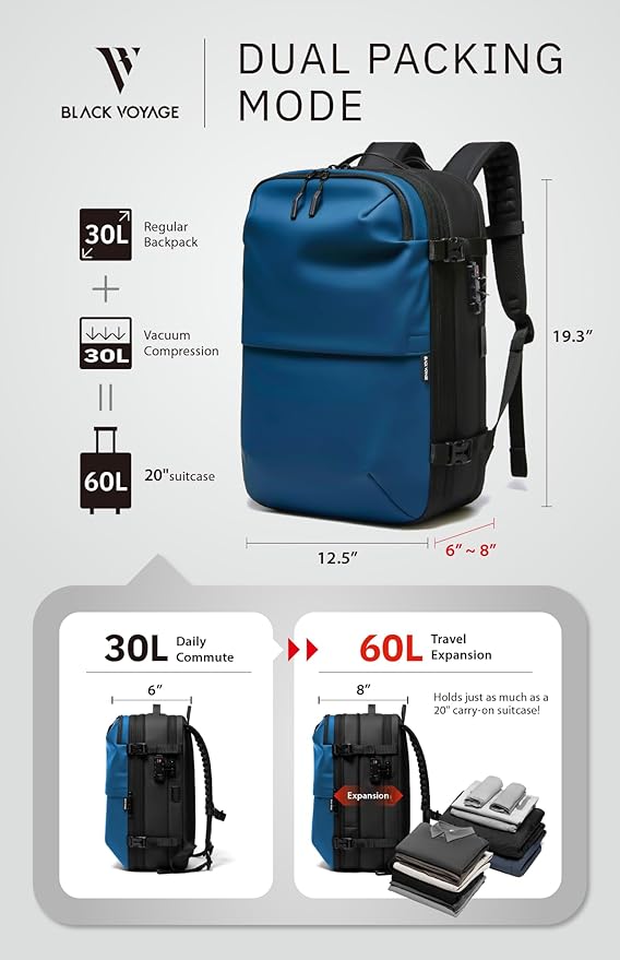 BlackVoyage Vortex Vacuum Seal Travel Backpack 60L Expandable Air Compression System Water Resistant TSA Lock Carry-On