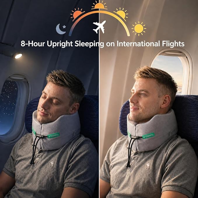 Neck Support Travel Pillow for Airplane: Firm Core Memory Foam Supports 8 lbs Without Collapsing - 360° Chin & Neck Support Prevents Head Bobbing - for Men on Long-Haul Flights