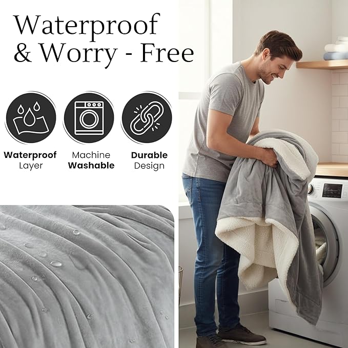 Waterproof Blanket for Bed (80"x60" Queen Size) – Reversible Plush Sherpa Fleece, Moisture Absorbent TPU Layer, Stain Proof Mattress & Couch Protector – Machine Washable - Gray