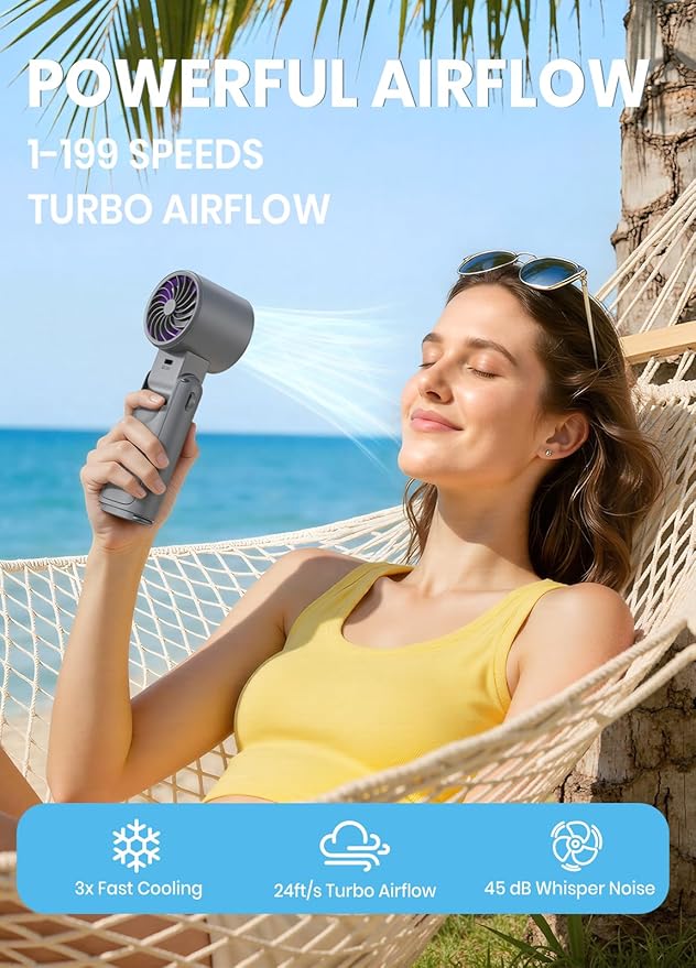 Portable Handheld Turbo Fan, 1-199 Speed Adjustable with LED Display, High-Power Motor, Rechargeable Battery, 4 IN 1 Pocket Design Mini Fans for Indoor/Outdoor/Travel/Work, Grey Purple
