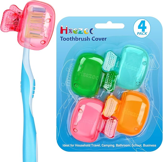 4 Pack Travel Toothbrush Head Covers Toothbrush Protector Cap Brush Pod Case Protective Portable Plastic Clip for Household Travel, Bathroom, School, Camping, Business (Green, Teal, Orange, Pink)