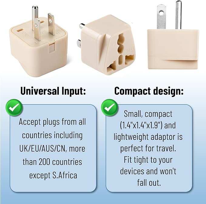 Bates- Universal Travel Plug Adapter, 2 Pack, Beige, Converts EU/UK/AU/Asia Plugs to USA Outlet, Europe to US Plug Adapter, UK to US Outlet, Compact Design for Home, Office