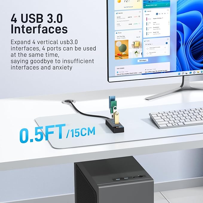 USB 3.0 Hub Ultra-Short Cable 0.5FT, 4 Port USB Dock Extension 5Gbps Data Hub Port Expander for Desktop PC Laptop Mac Windows