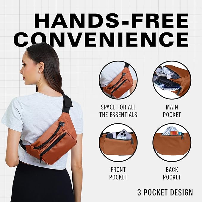 Brown Fanny Pack Belt bag - Crossbody Waist Bag for Men or Women - Hands-Free, Waterproof Large Bumbag for Hiking, Running, and Travel