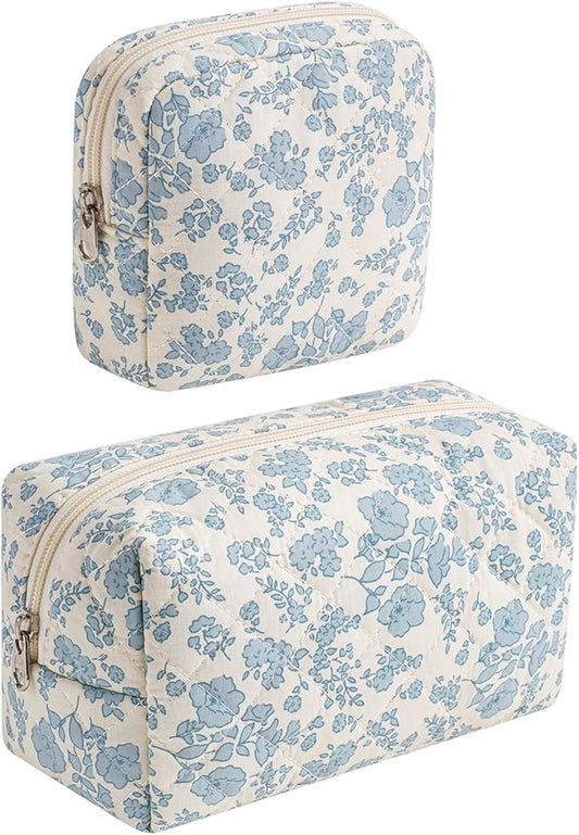 2 Pcs Quilted Cotton Makeup Bag Set, Small Aesthetic Cosmetic Bag with Floral Pattern, Cute Makeup Pouch for Purse, Kawaii Trendy Preppy Travel Toiletry Bag for Women and Girls(21 Blue Flower Set)