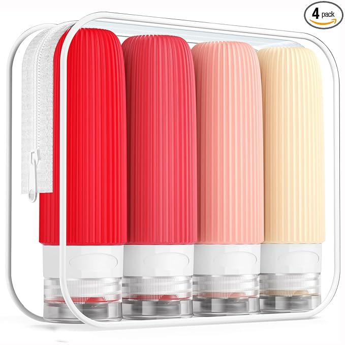 Mrsdry Travel Bottles for Toiletries, Tsa Approved 3oz Portable Travel Bottles, BPA Free Leak Proof Squeezable Silicone Travel Size Containers, Travel Accessories with Clear Toiletry Bag (4 Pack)