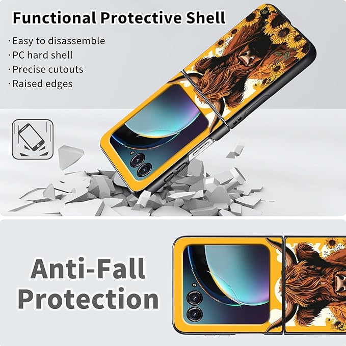 for Motorola Moto Razr 2024 Case,Moto Razr 50 Phone Case Cute Slim Hard PC Ultra-Thin Anti-Scratches Shockproof Protective Cover,Cute Cattle Flower