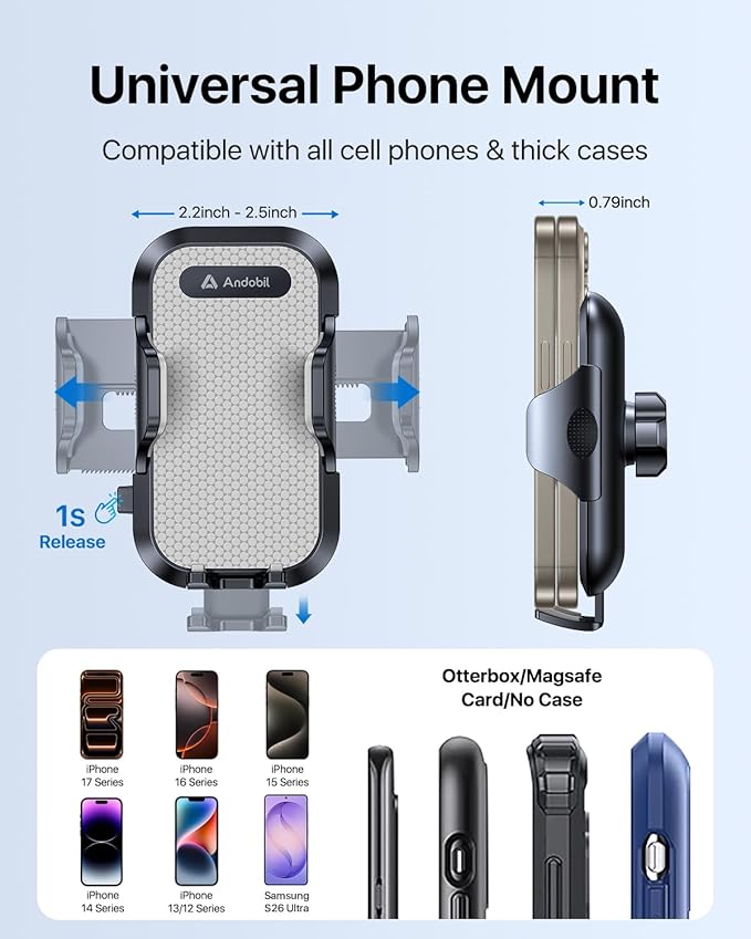 andobil Car Phone Holder Mount (Strong Suction&Bumpy Road Stable) Phone Holders for Your Car, Cell Phone Car Mount for Windshield Dash Vent Truck Cradle Stand for iPhone 17 16 15 14 Pro Max Grey