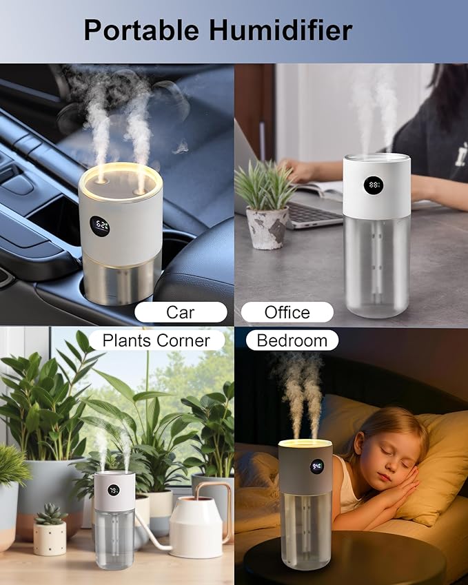 2025 Digital Display Car Humidifier, 3000mAh Portable Mini Rechargeable Humidifier for Car Travel Office Desktop Baby Kids Bedroom - Powerful Dual Spray Timer Setting 20dB Quiet Night Light