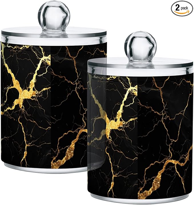 Gredecor Qtip Holder Dispenser 2 Pack Gold Black Marbling Bathroom Decorative Storage Canister Holder Counter Vanity Organizer for Cotton Ball Swabs Pads Floss