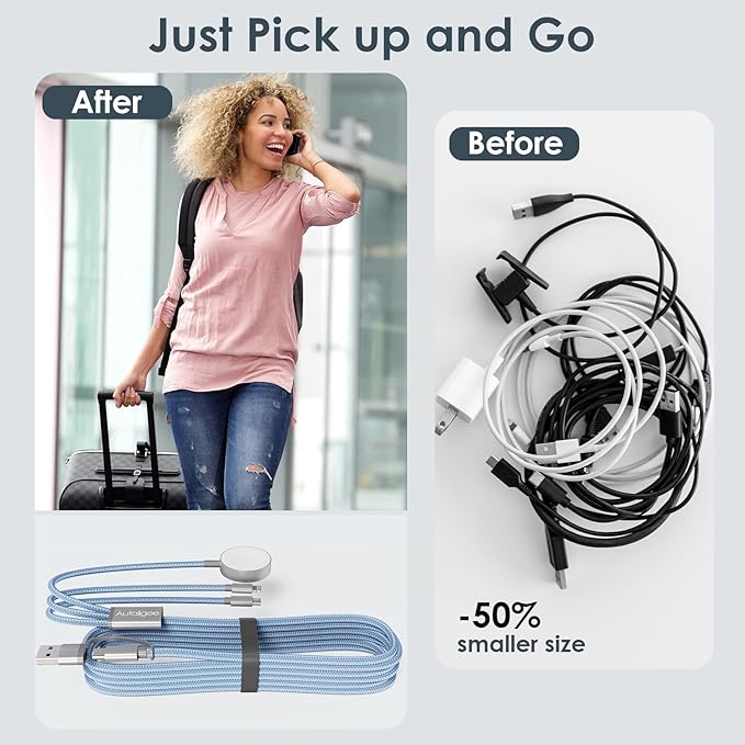 Travel Essentials,Multi Charging Cable for Apple Watch Charger/iPhone Charger/Samsung Charger,Airplane Gadgets RV Essentials for iWatch Ultra/10-2/iPhone 17-11/Samsung S25-S20,airPods,Car-4FT Blue