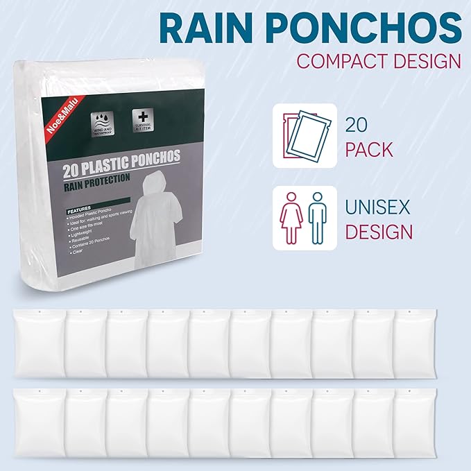 Noe & Malu 20-Pack Emergency Disposable Rain Ponchos for Adults – 100% Waterproof with Hood | Clear Lightweight Unisex Raincoats for Camping, Hiking & Travel
