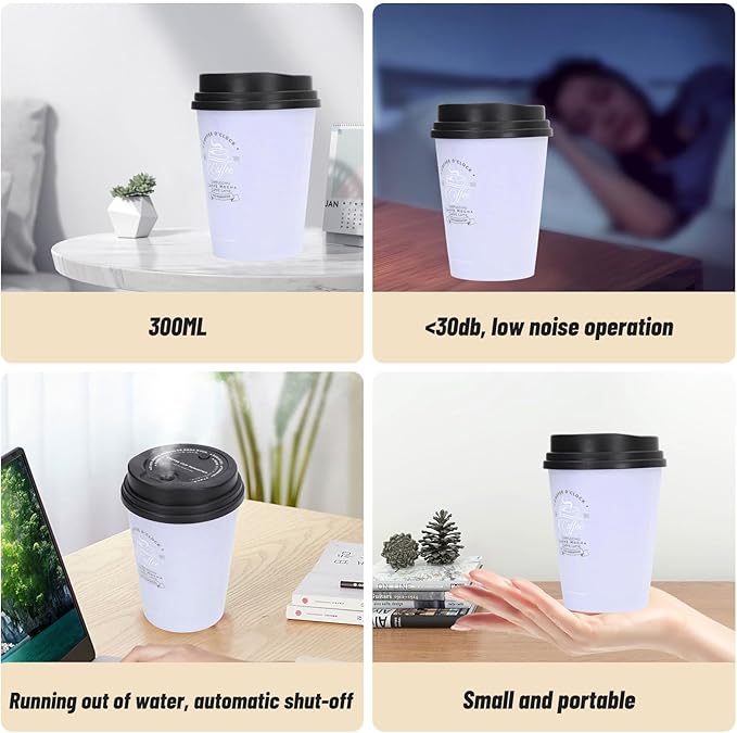 Humidifiers for Bedroom, 300ml Cool Mist Humidifiers, USB Mini Cute Coffee Cup Humidifier, Car Humidifier, Purple Desk Humidifier, Small Humidifier, Low Noise, Auto Shut-Off for Plant, Office(Purple)