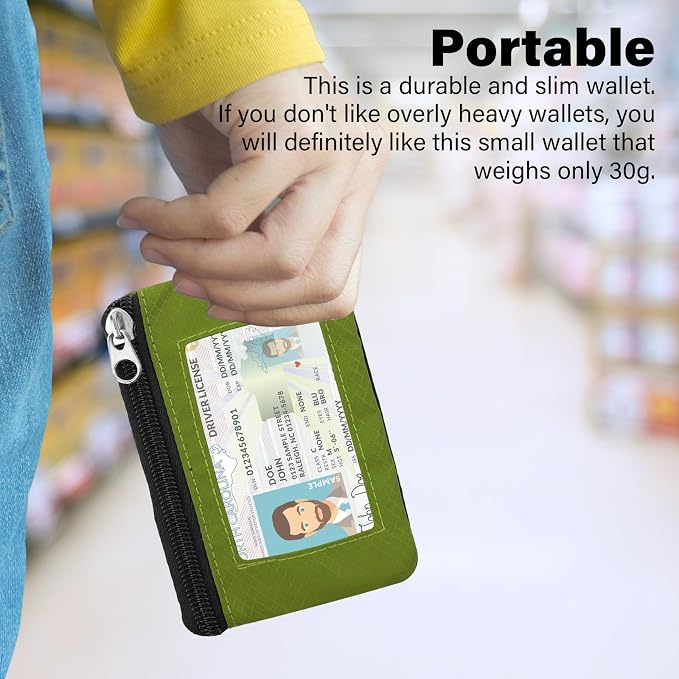 Minimalist Small Wallet for Men Women with 2 Zip Pockets, Multi Functional ID Case with Keychain and Card Holder, Coin Purse Badge Lanyard Pouch for Boys Girls Travel - Grass Green