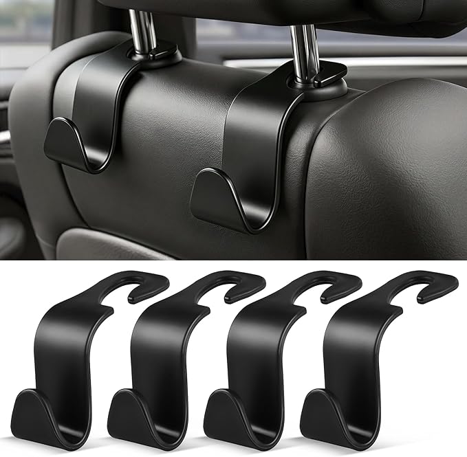 SINGARO 4 Pack Car Seat Headrest Hooks, Vehicle Back Seat Hanger Storage Organizer for Purse Handbag Backpack Coat Grocery, 360° Rotating Heavy Duty Holds 44lbs, Black