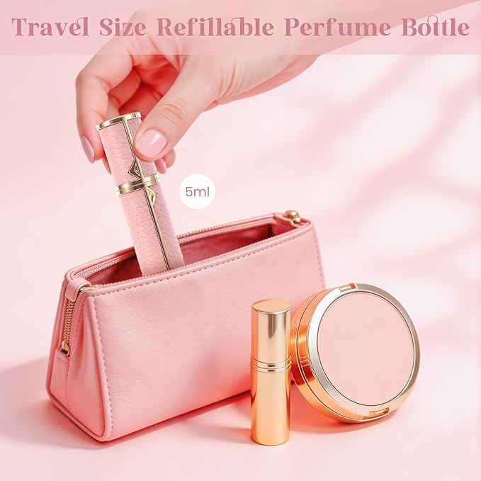 Perfume Travel Refillable Bottle,Perfume Atomizer 5ml Genuine Leather Bottom-Filling,Mini Cologne Sprayer,Spray Bottles for Cruise Gift Travel Accessories (Pink)
