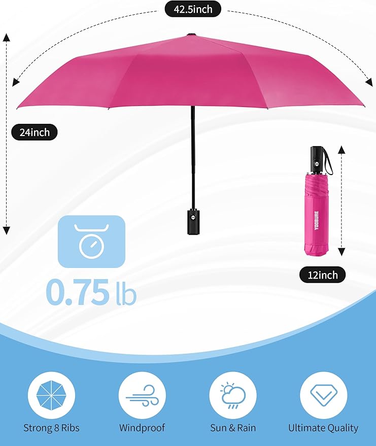Yoobure Compact Travel Umbrella - Windproof Umbrellas for Rain, Small Portable UV Umbrella for Sun Protection, Folding Automatic Umbrellas in Lightweight for Car, Backpack, Walking, Kids, Women