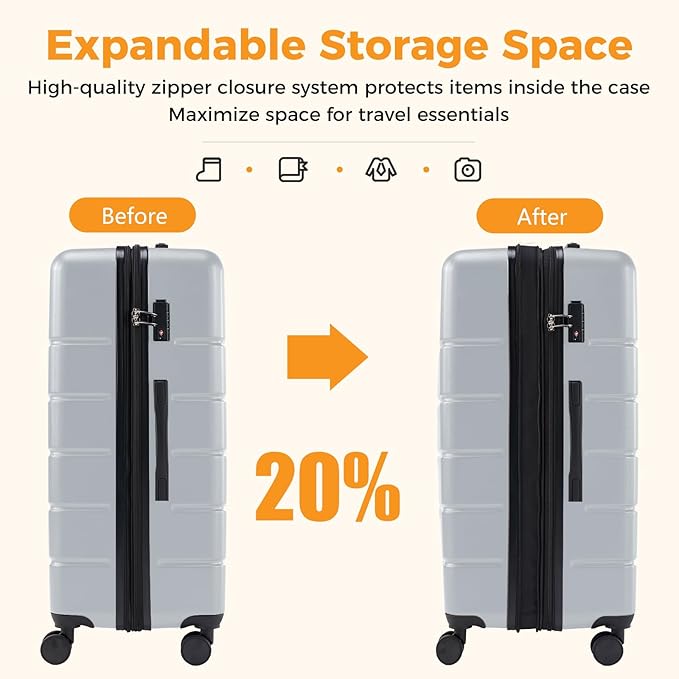 NEWBULIG 28 Inch Checked Luggage, ABS Hard Shell Lightweight Rolling Expandable Suitcase with Smooth Spinner Wheels and TSA Lock for Business Trips and Daily Vacations, Light Grey