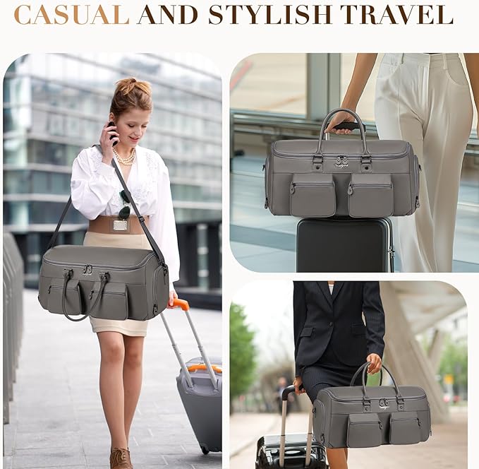 Suit Bag Travel,Vessgra 2 in 1 Leather Duffle Bags for Men 56L Duffel Bags for Traveling PU Leather Garment Bag with Shoe Compartment,Travel Carry on Bag Weekender Bussiness Wedding,Grey