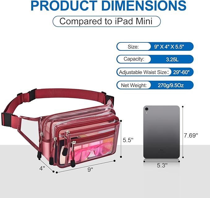 Clear Bag Stadium Approved Clear Fanny Pack for Women for Work,Multi-purpose Waist Bag for Travel & Sporting Event