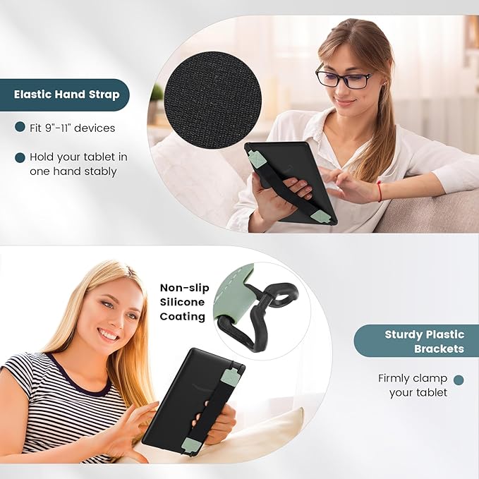 MoKo Security Hand-Strap for 9-11 Inch Tablet, iPad/IP-ad Pro/iPad Air/Kindle Fire HD/Samsung, High-Elasticity Versatile Hand Strap Lightweight Finger Grip Holder, Black Belt, Mint Green