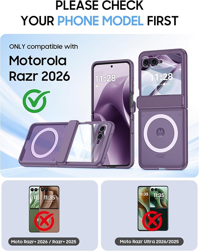Magnetic for Motorola Razr 2026 Case with Hinge Protection, Screen Protector, Compatible with MagSafe,Skin Feel Translucent Frosted, Shockproof Slim Cover for Moto Razr 2026-Purple