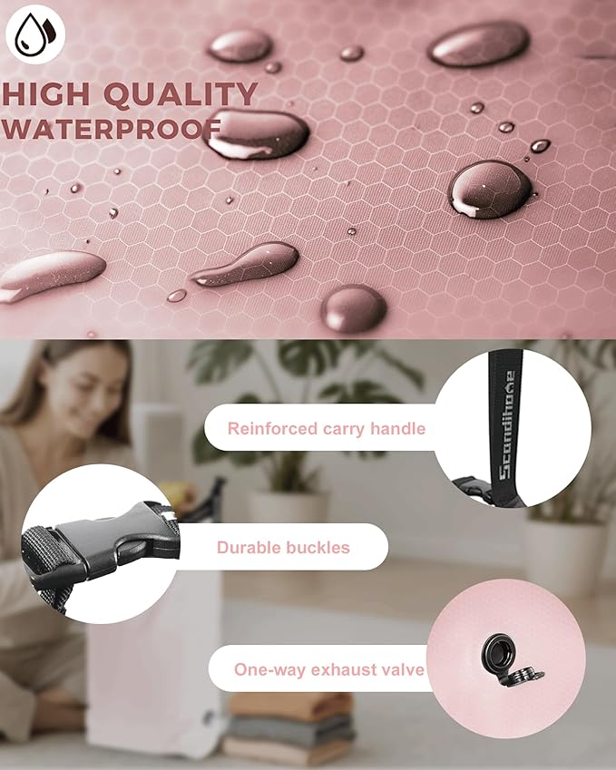 Travel Compression Laundry Bag, Pump-Free Vacuum Space Saver Bag for Dirty Clothes, Reusable Waterproof Wet Dry Bag, Travel Laundry Bag for Luggage, Packing, Suitcase (1 Pcs)（Pink, L)