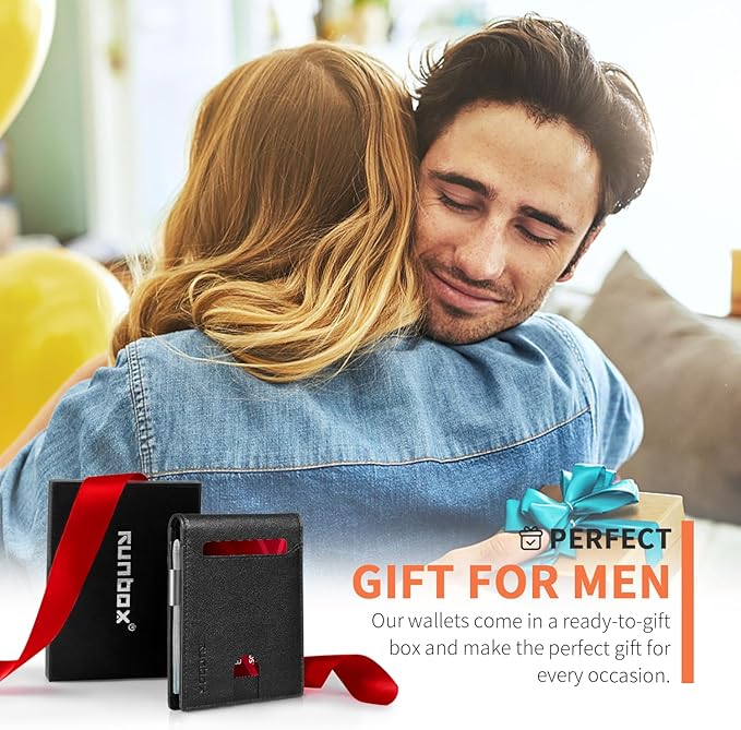 RUNBOX Slim Wallets for Men - Leather Money Clip Mens Wallet - RFID Blocking Front Pocket Bifold Wallet - Thin Credit Card Holder with Gift Box