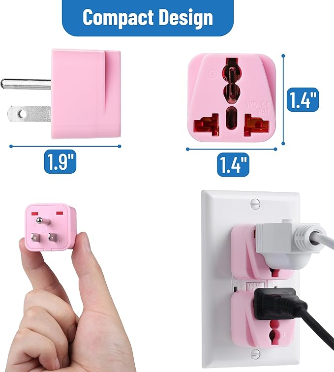 Bates- Universal Travel Plug Adapter, 2 Pack, Pink, Converts EU/UK/AU/Asia Plugs to USA Outlet, Europe to US Plug Adapter, UK to US Outlet, Compact Design for Home, Office
