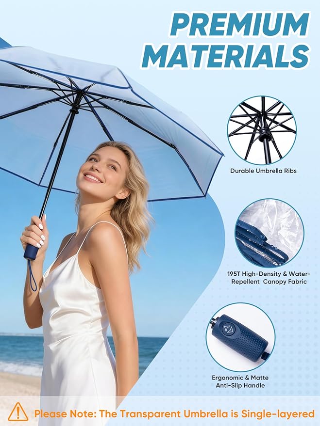 PTEROMY Windproof Travel Umbrellas for Rain and Sun, Withstands 85MPH Winds Auto Open Close Folding Umbrella with Ergonomic Handle, Quick Dry Canopy for Commuting or Backpack