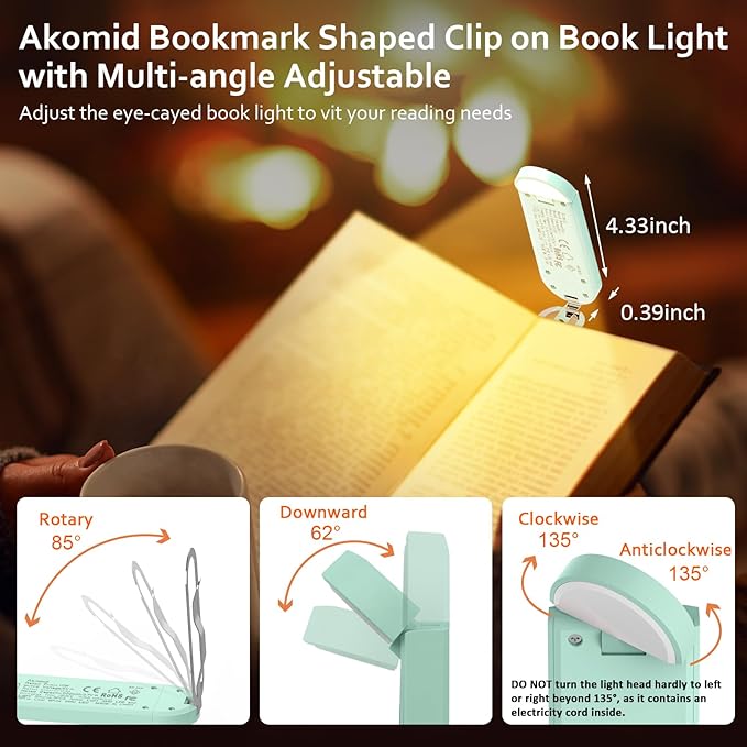 Akomid USB Rechargeable Book Light for Reading in Bed, 8 LEDs Bookmark Style Clip on, Eye-Cared Amber Light Mode for Kids, Blue Light Blocking, Stepless Dimming, Turquoise