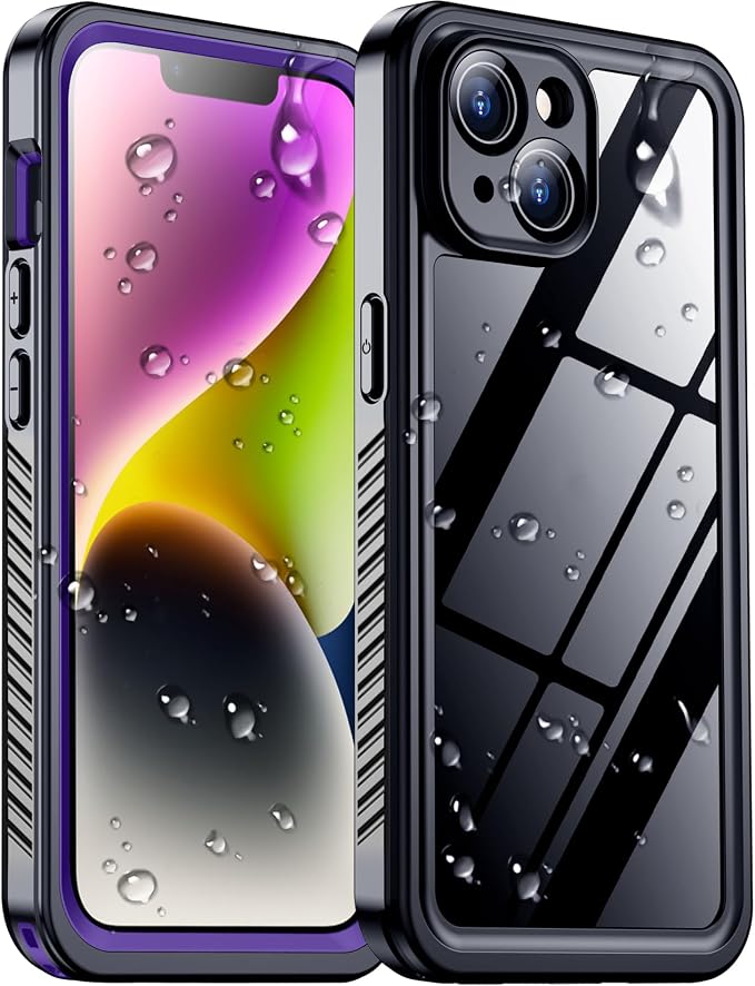 Compatible with iPhone 14 Case Waterproof, Built-in Screen & Camera Protector IP68 Underwater Full Body 14FT Military Dropproof Shockproof Phone Case 6.1"-Purple/Clear