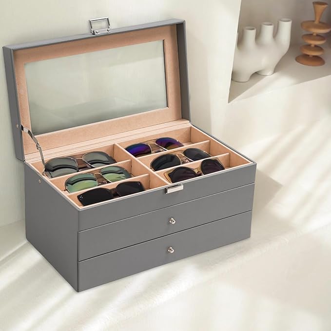 ProCase 3-layer Sunglasses Storage Organizer, 18 Slots Leather Sunglass Box Multiple Pairs Eyeglass Cases Eye Glass Eyewear Display Holder for Men Women, Valentine's Day Gift -Grey