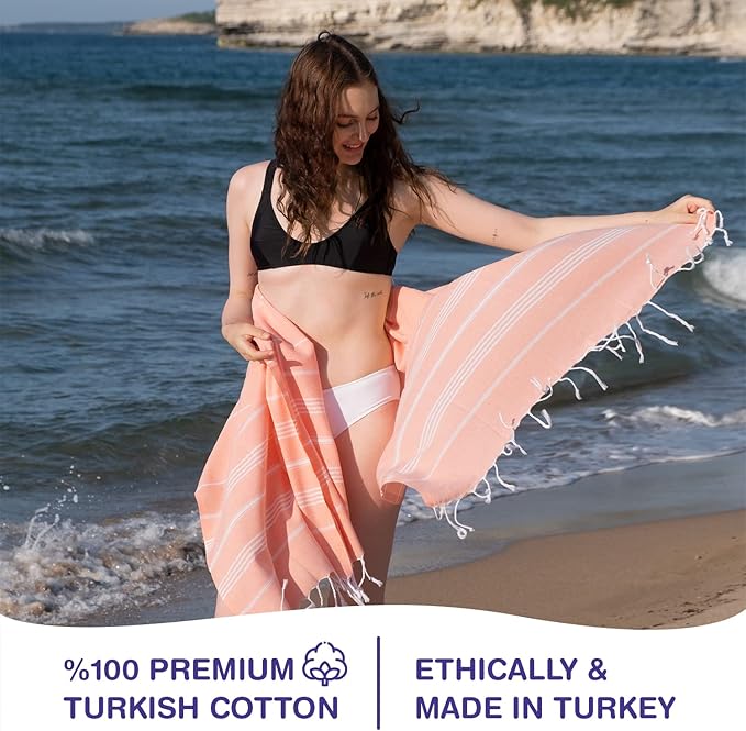Turkish Beach Towels, Bulk Case of 36 | Oversized, Quick Dry, Sand Free | 100% Cotton, Large 38x71 Towels for Beach, Pool, Travel | Ultra-Soft, Compact, Absorbent | Salmon
