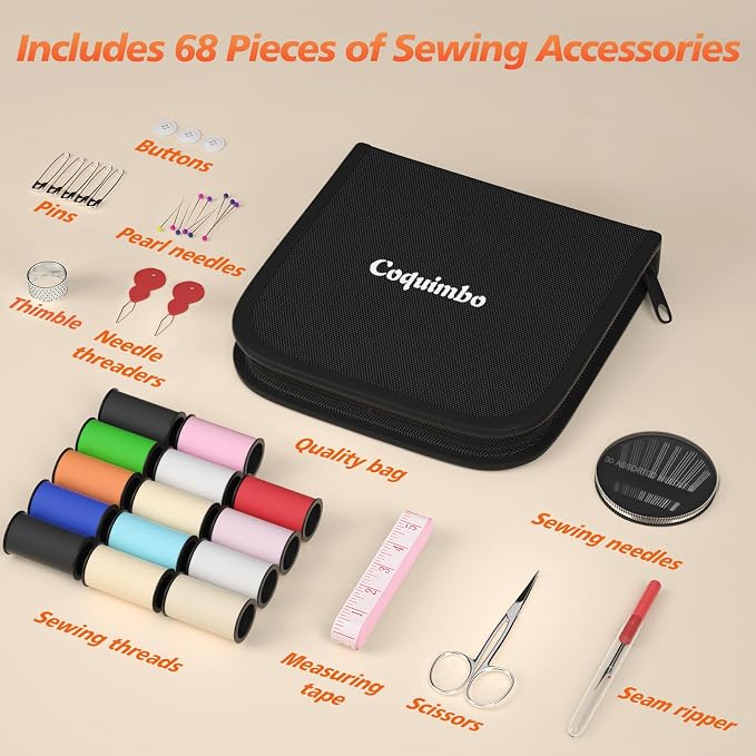 Coquimbo Sewing Kit Mini, Dorm Room Essentials, Portable Needle and Thread Kit with Scissors, Tape Measure, Thimble & Sewing Needles for Adults, College Students, Travel, Emergency Repair (Black, S)