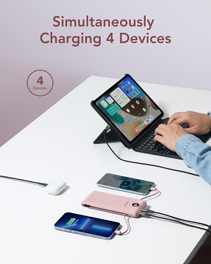 VEGER Portable Charger with Built-in AC Plug and Cables, All in One 10000mAh Ultra Slim Power Bank Travel Essentials, Fast Charging Battery Pack Compatible with iPhone, Samsung, Android, Crepe