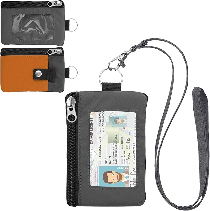Minimalist RFID Wallet with Lanyard, Multi-functional ID Case with 2 Zipper Pockets and Key Chain for Men and Women, Tactical Badge Pouch Cards Holder, Coin Purse for Travel Sports - Gray&Orange